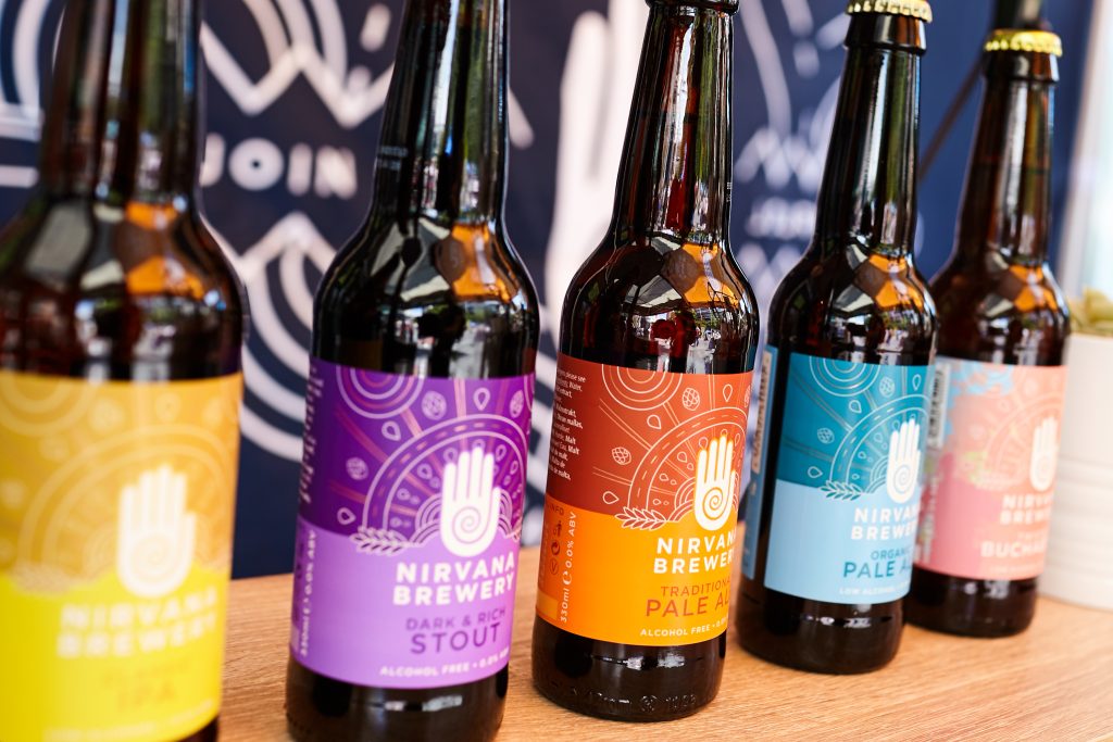 five bottles of the alcohol free beers from Nirvana Brewery